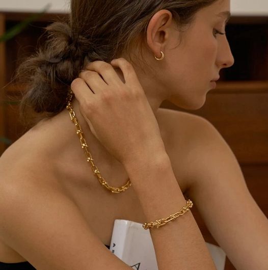 Parure de bijoux Collier + Bracelet Maillons en U, bijoux en acier inoxydable doré 18 carats