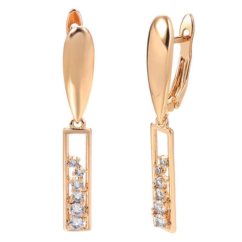 Boucles d'oreilles pendantes design rectangulaire, bijou en plaqué or rose 585 (14 carats) et en zircons naturels