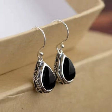 Boucles d'oreilles Goutte pierre noire, bijou en alliage plaqué argent