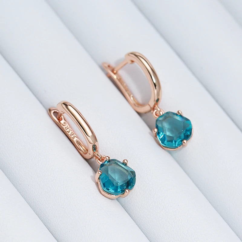 Boucles d'oreilles avec zircons géométriques bleu océan, bijou en plaqué or rose