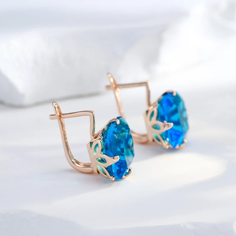 Boucles d'oreilles carrées avec zircons bleu océan, bijou en plaqué or rose