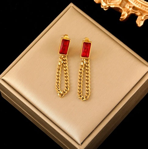 Boucles d'oreilles pierres de cristal rouge, bijou en acier inoxydable doré