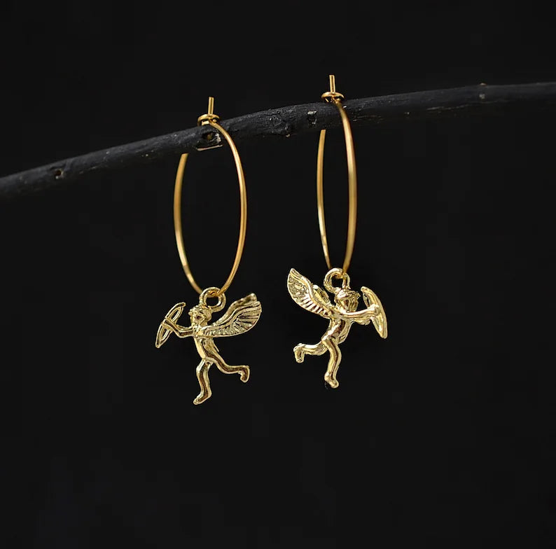 Boucles d'oreilles créoles Cupidon, bijou en acier inoxydable doré