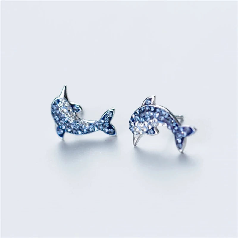 Boucles d'oreilles Dauphins, bijou en alliage plaqué argent 925 et zircons naturels