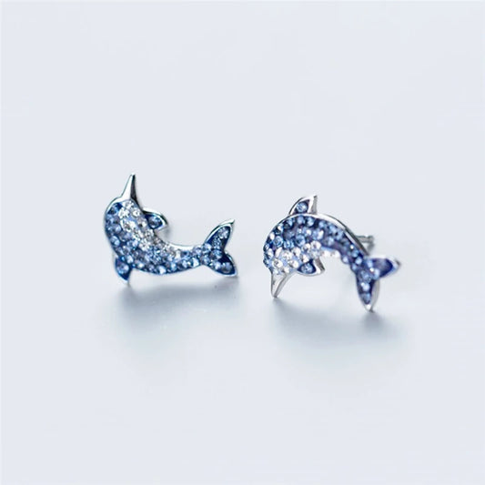 Boucles d'oreilles dauphins avec zircons, bijou en plaqué argent