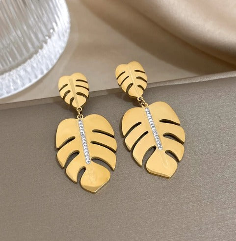 Boucles d'oreilles Monstera avec zircons, bijou en acier inoxydable doré