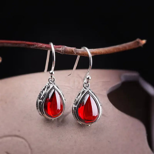Boucles d'oreilles Goutte pierre rouge, bijou en alliage plaqué argent