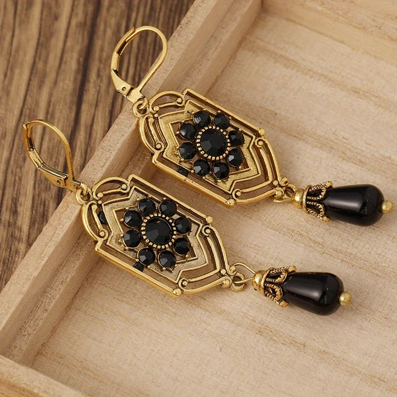 Boucles d'oreilles indiennes à perles et zircons noirs, bijou en plaqué or