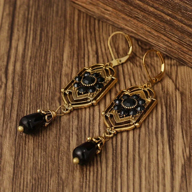 Boucles d'oreilles indiennes à perles et zircons noirs, bijou en plaqué or