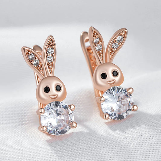 Boucles d'oreilles Lapins, bijou en plaqué or 585 (14 carats) et en zircons naturels
