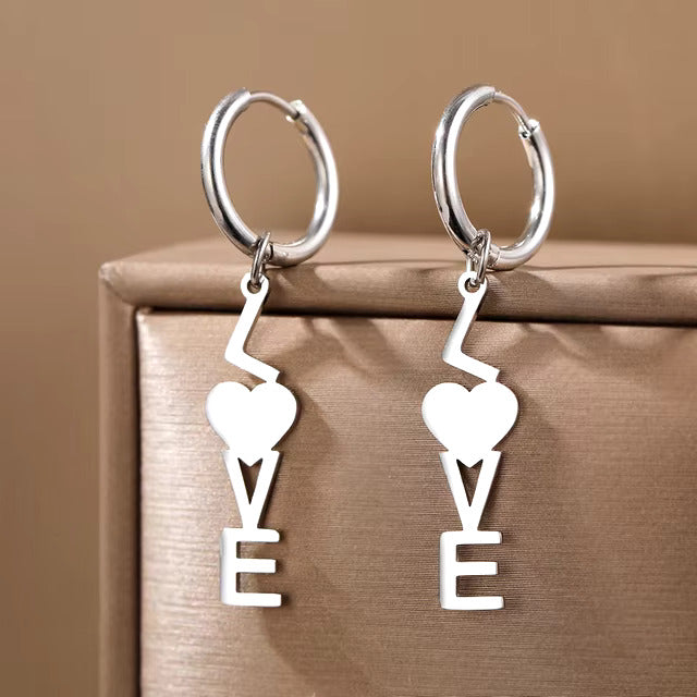 Boucles d'oreilles Lettres Love, bijou en acier inoxydable argenté