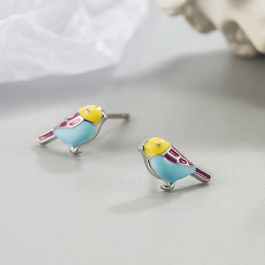 Boucles d'oreilles Oiseau 3D multicolore, bijou en plaqué argent et en émail