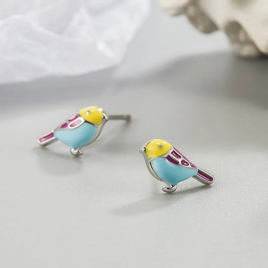Boucles d'oreilles Oiseau 3D multicolore, bijou en alliage plaqué argent 925 et en émail