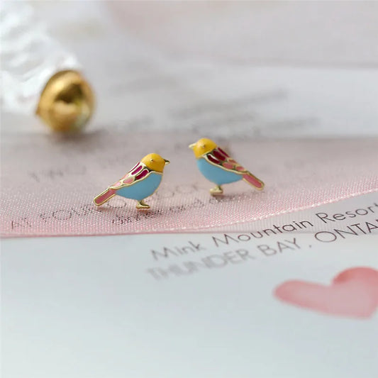 Boucles d'oreilles Oiseaux multicolores, bijou en plaqué or et en émail