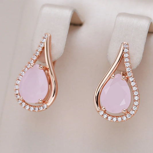 Boucles d'oreilles goutte en zircon rose, bijou en plaqué or rose 585 (14 carats) et en zircons naturels
