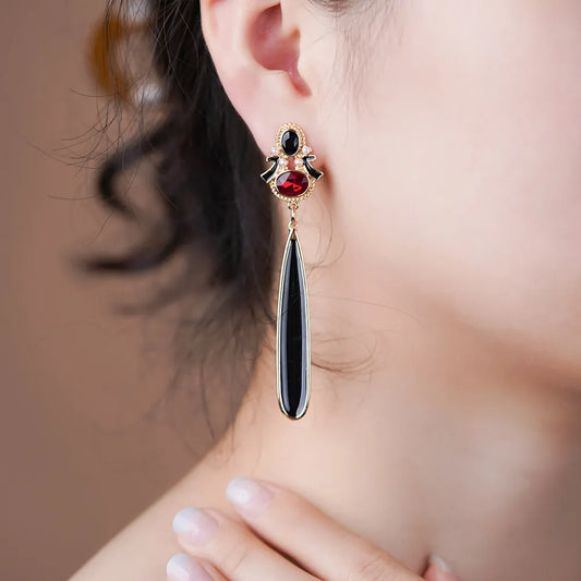 Boucles d'oreilles en agate noire et cristal rouge, bijou en plaqué or rose