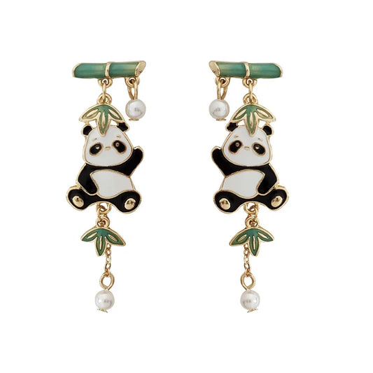 Boucles d'oreilles pendantes Pandas avec bambou et perles, bijou plaqué or