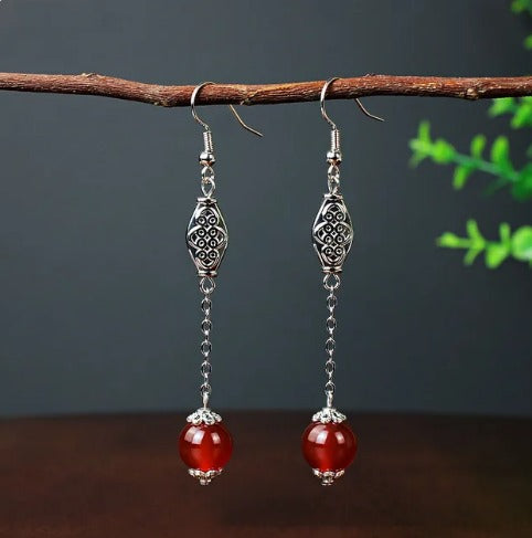 Boucles d'oreilles pendantes Perles Oeil de chat rouges, bijou en acier inoxydable