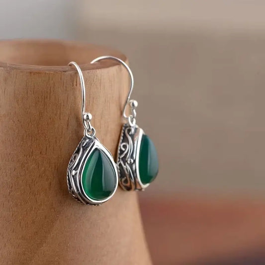 Boucles d'oreilles Goutte pierre verte, bijou en alliage plaqué argent