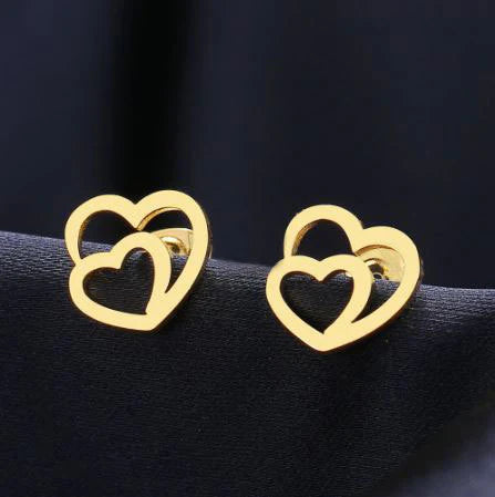 Boucles d'oreilles Duo de coeurs, bijou en acier inoxydable doré