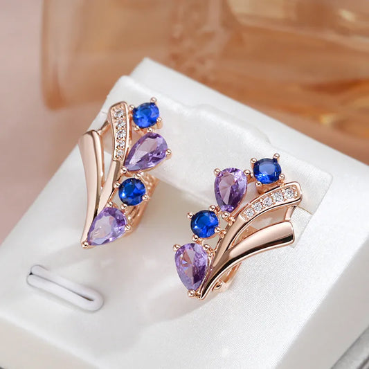 Boucles d'oreilles Zircons bleus et mauves, bijou en plaqué or rose