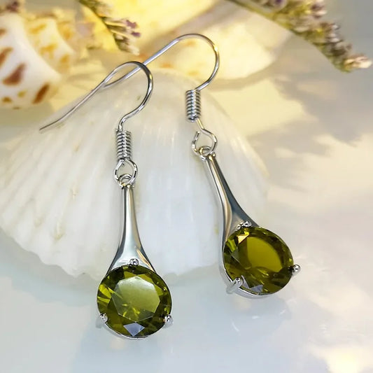 Boucles d'oreilles Zircons vert olive, bijou en plaqué argent