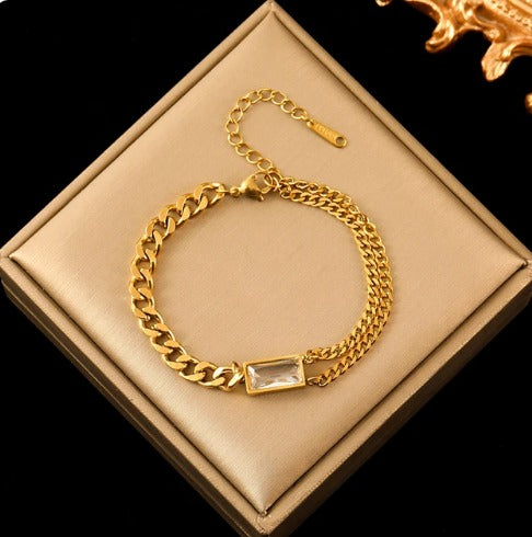 Bracelet avec cristal blanc, bijou en acier inoxydable doré