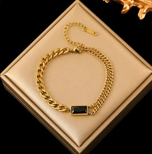 Bracelet pierre de cristal noir, bijou en acier inoxydable doré
