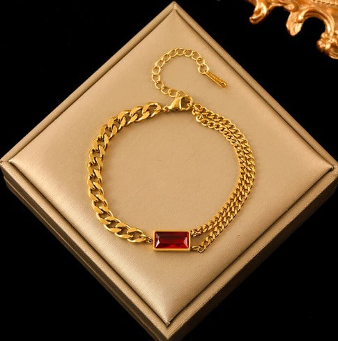 Bracelet pierre de cristal rouge, bijou en acier inoxydable doré
