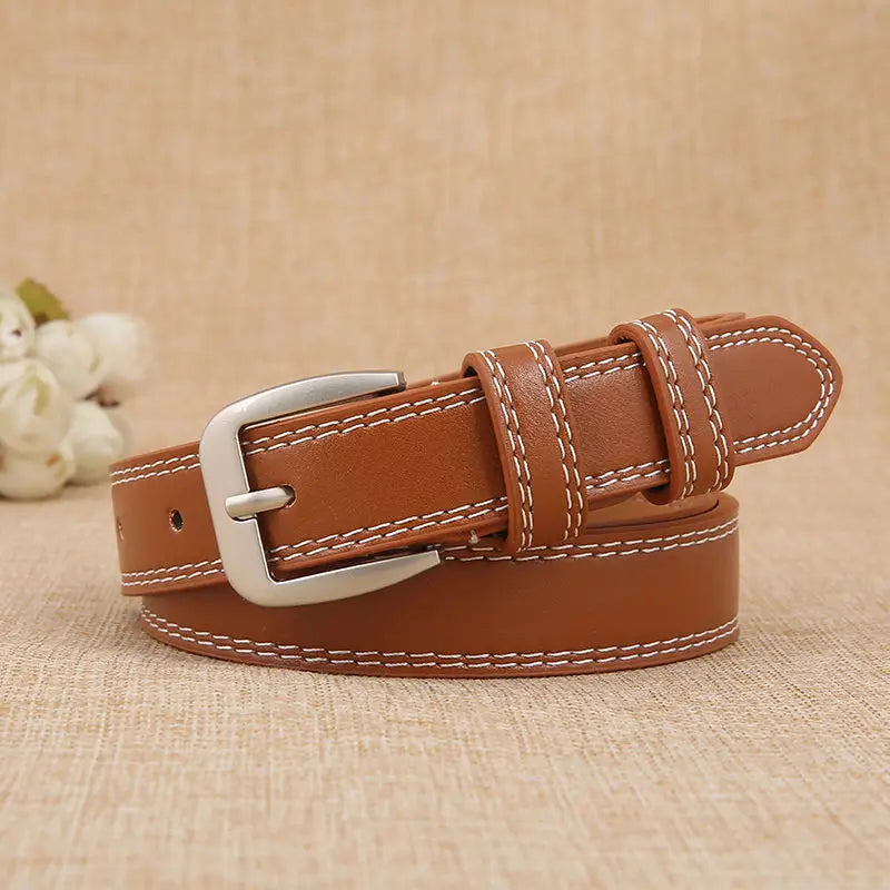 Ceinture fine, brun camel, en cuir véritable