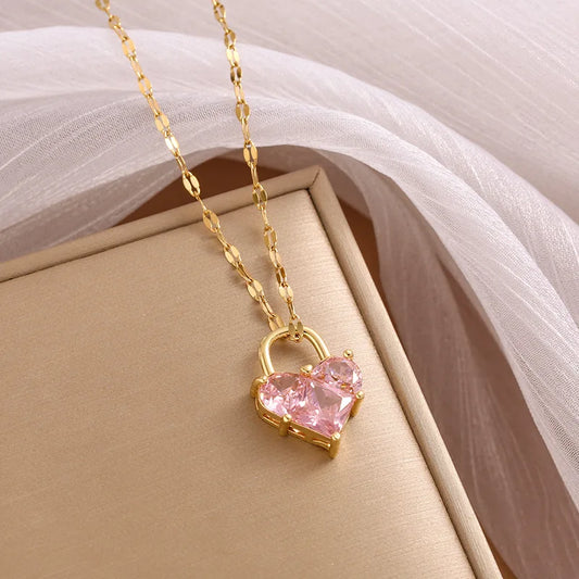 Collier Cadenas en forme de coeur avec zircons roses, bijou en alliage plaqué or 585 (14 carats)