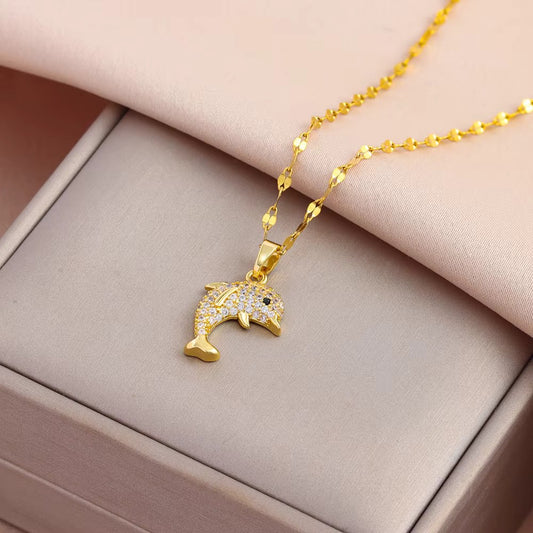 Collier Dauphin avec zircons et chaîne maille Lips, bijou en acier inoxydable doré 750 (18 carats)