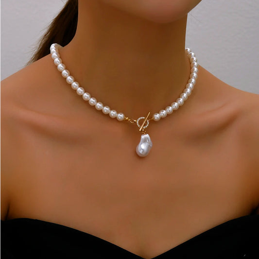Collier de perles beige ivoire avec connecteur T et pendentif, collier ras du cou
