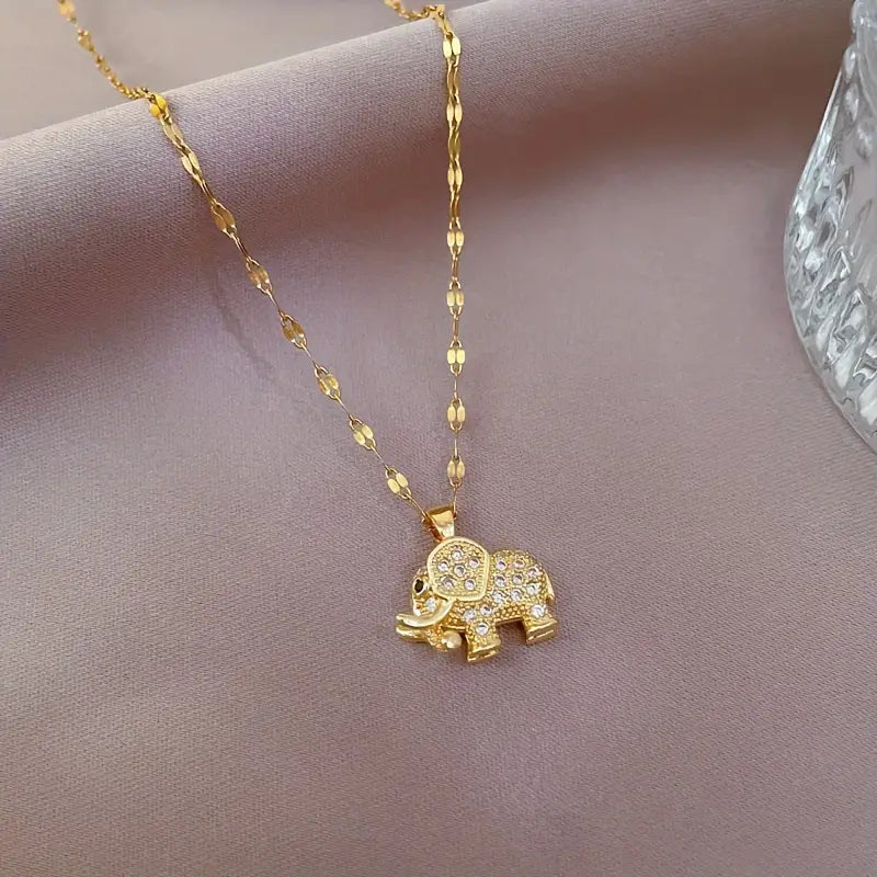 Collier Petit éléphant, bijou en acier inoxydable doré et zircons naturels