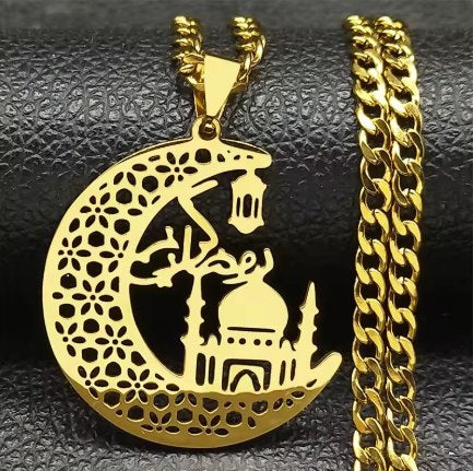 Collier Mosquée sur croissant de lune, chaîne maille cubaine, bijou en acier inoxydable doré