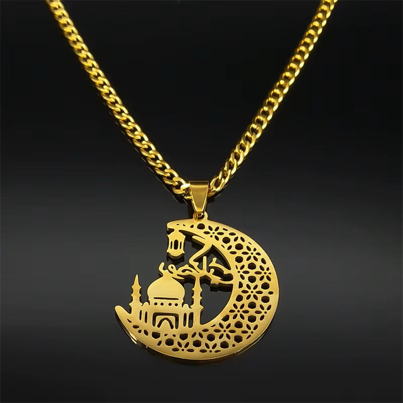 Collier Mosquée sur croissant de lune, chaîne maille cubaine, bijou en acier inoxydable doré