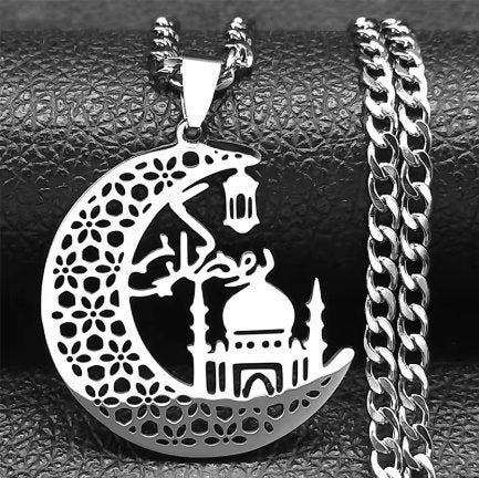 Collier Mosquée sur croissant de lune, chaîne maille cubaine, bijou en acier inoxydable