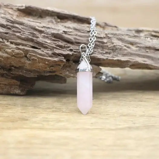 Collier pendentif Quartz rose, bijou chakra en acier inoxydable