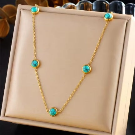 Collier Pierre turquoise, bijou en acier inoxydable 316L doré