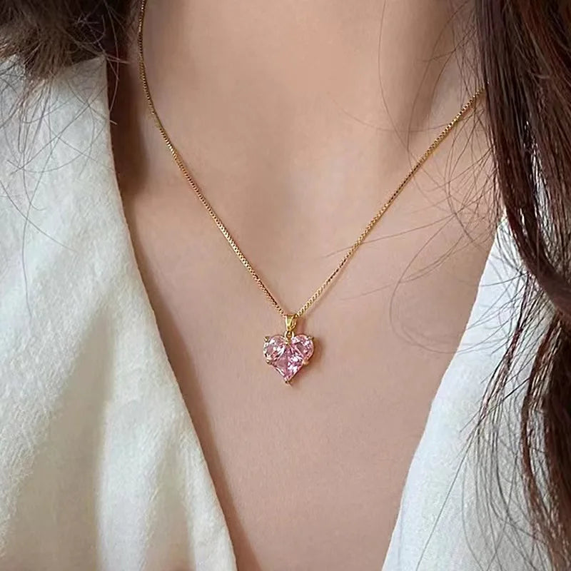 Collier Coeur avec zircon rose, bijou en plaqué or