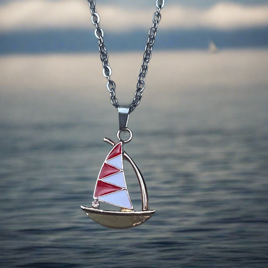 Red and white sailing boat necklace, stainless steel and enamel jewelry 