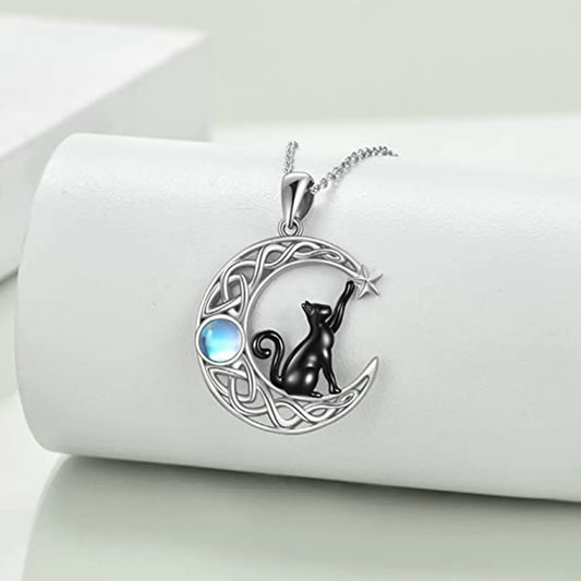 Collier pendentif Chat sur croissant de lune, bijou en alliage plaqué argent