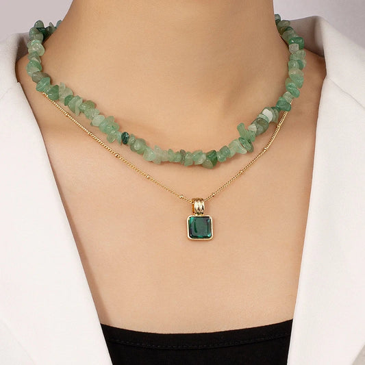 Duo de colliers Pierres et cristal verts, bijou en pierres naturelles et en plaqué or