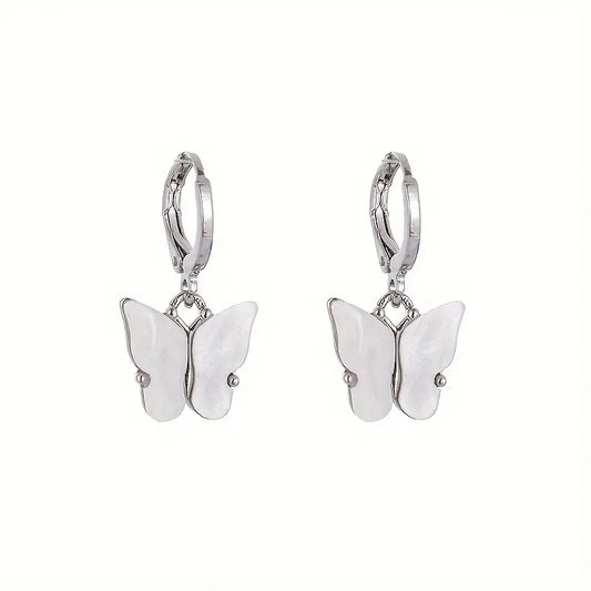 Boucles d'oreilles Papillons blancs, bijou en acier inoxydable et en acrylique