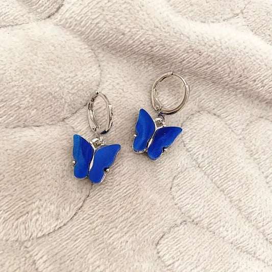 Boucles d'oreilles Papillons bleu foncé, bijou en acier inoxydable et en acrylique