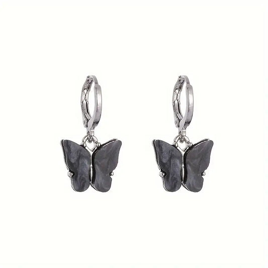 Boucles d'oreilles Papillons noirs, bijou en acier inoxydable et en acrylique