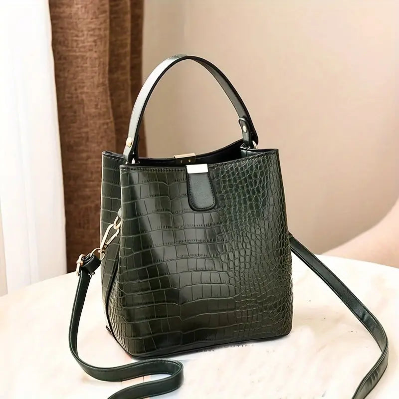 Sac seau à motif crocodile, en simili-cuir vert