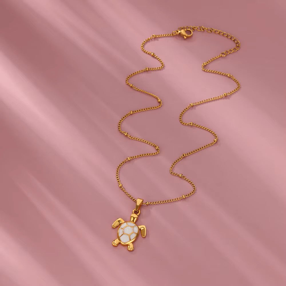 Collier Tortue blanche, bijou en acier inoxydable doré