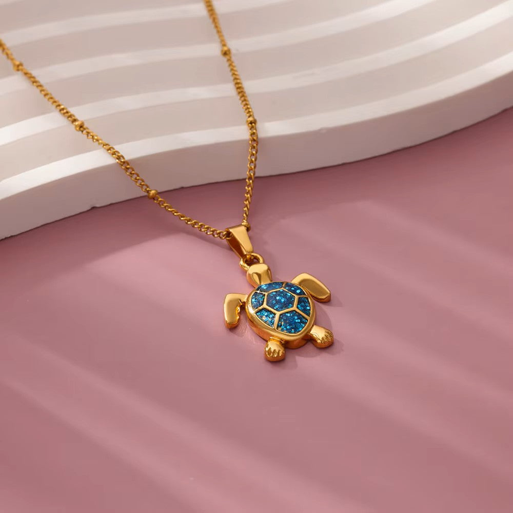 Collier Tortue bleue, bijou en acier inoxydable doré