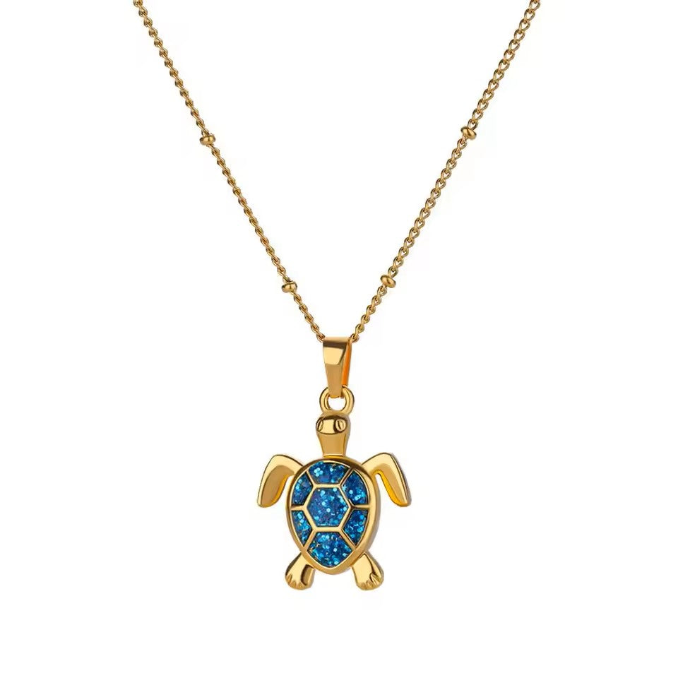 Collier Tortue bleue, bijou en acier inoxydable doré